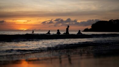 a group of people sitting on top of a beach next to the ocean