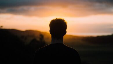 silhouette of a man facing the sunset