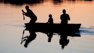silhouette of three person riding on boat on body of water