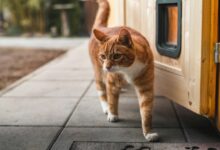 orange and white tabby cat on gray concrete floor